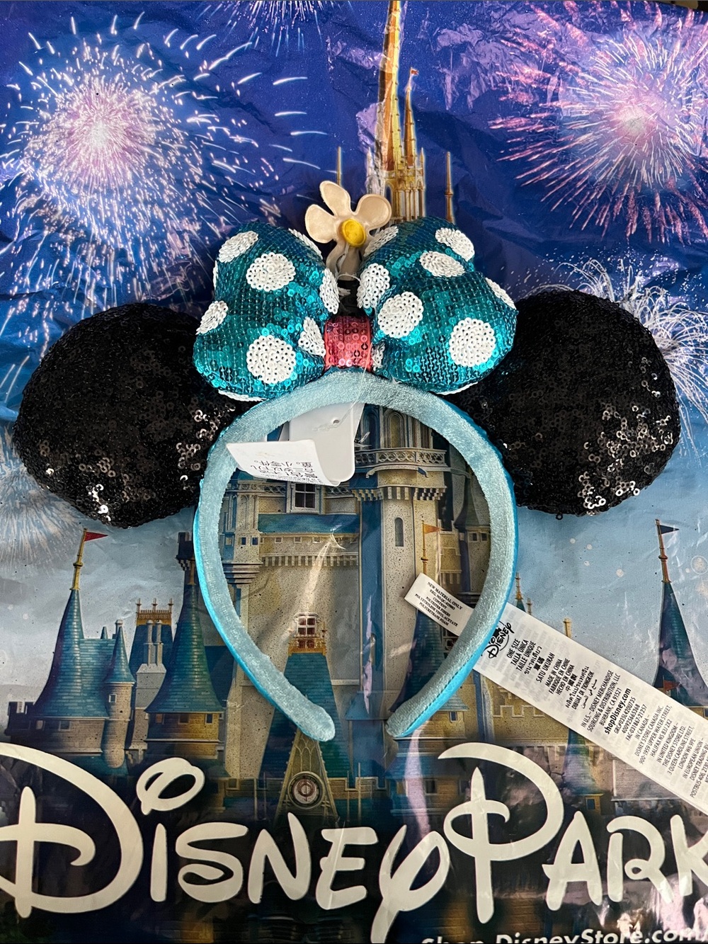 Disney Teal Polka Dot Sequin Minnie Ears Headband with Black Ears